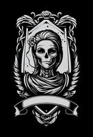 scary Mummy girl black and white hand drawn illustration with heraldic banner for copyspace logo vector