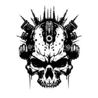 skull head logo black and white ink hand drawn illustration vector