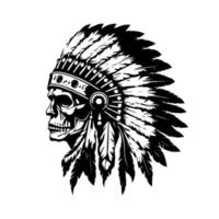 skull head with native american indian chief accessories logo hand drawn illustration vector