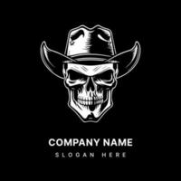 Skull head with cowboy hat white ink hand drawn illustration vector