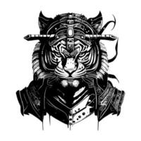 Angry samurai tiger illustration logo black and white hand drawn illustration vector