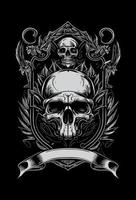 skull head heraldic banner black and white hand drawn illustration vector