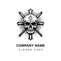 marine skull head logo hand drawn black and white illustration vector