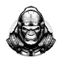 Angry samurai gorilla logo black and white hand drawn illustration vector