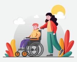 A kid caring for a friend who is temporarily disabled and recovering, Flat design vector