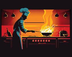 cocinero cocinando, cocinero preparando comida en el cocina, cocinero a trabajar, vector ilustración