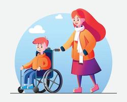 A kid caring for a friend who is temporarily disabled and recovering, Flat design vector