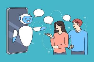 personas hablar a robótica en línea apoyo en teléfono inteligente cliente utilizar chatbot o humanoide robot Internet Servicio en celúla. ai y ingeniería. artificial inteligencia y tecnología. vector ilustración.