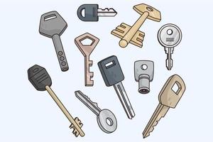 Set of modern and classic old keys of different sizes and forms. Collection of various key bunch for house or car door. Flat vector illustration.