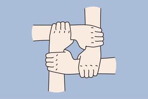 People put join hands together show team unity and bond. Diverse employees or workers engaged in teambuilding activity. Teamwork and cooperation concept. Flat vector illustration.