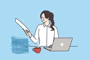 Happy female employee working on laptop in office with paperwork excited with good financial result in report. Smiling businesswoman busy at computer hand document. Flat vector illustration.