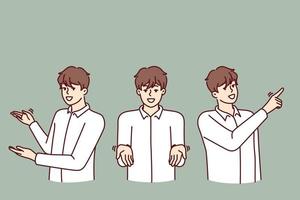Man pointing in different directions providing consulting or customer support services and answering questions of interest. Three identical guys make pointing gestures with hands giving clues vector