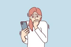 Frightened woman with phone biting nails in fear after reading bad news about approaching financial crisis. Girl with phone is afraid of threatening messages or will be on social networks vector