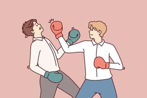 Determined business man in boxing gloves strikes opponent in face, symbolizing fierce competition between employees. Men in business attire are fighting for right to take emerging position of manager vector