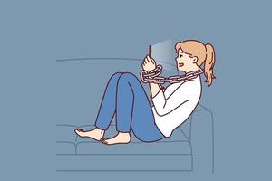 Young woman addicted to mobile phone sitting on sofa with chain around neck. Introverted girl procrastinates using gadgets and suffers from addicted causing loneliness and lack of friends vector