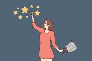 Happy woman collects stars from sky and folds bag for metaphor for finding success and good luck in life. Dreamy girl reaches for stars in hope of getting closer to fulfillment of innermost desires vector