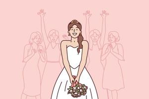 Happy bride preparing to throw bouquet flowers performs traditional ritual for wedding party. Woman in wedding dress stands with back to female girlfriends who want to get married as soon as possible vector