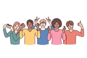 Team of diverse people of different genders and ages or nationalities pose together for group shot. Multiracial people working or studying in same team smiling and showing friendly gestures vector