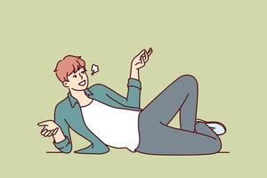 Serene man lies on floor and smiles talking about plans for future or telling interesting humorous stories. Serene guy looks up spreading arms resting on ground after hard day at work vector