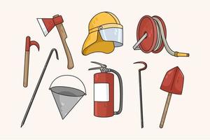 Set of fireman uniform and tools for firefighting vector