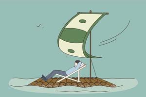 Happy successful young businessman on boat under dollar sail enjoy passive income or profit. Overjoyed man relax get dividend from good financial investment. Finance success. Vector illustration.