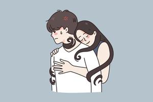 Young woman hug man tied to boyfriend in relationship. Girl embrace guy in codependent unhealthy couple relations. Psychology problem, codependency concept. Flat vector illustration.