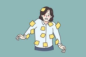 Stressed businesswoman covered in sticky notes on body overwhelmed with work schedule and plans. Distressed woman employee with multiple notifications overwork multitask. Vector illustration.