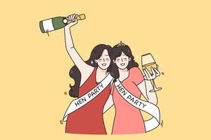 Smiling girlfriends drink champagne celebrate hen party together. Happy young women in dressed have fun at bachelorette celebration. Marriage and engagement. Bride to be. Flat vector illustration.