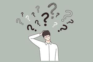 Pensive young businessman feel frustrated confused make decision or plan. Thoughtful man employee or worker thinking pondering of problem solution. Trouble solving concept. Vector illustration.