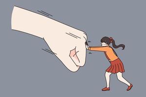 Brave small girl child fight huge fist protest against domestic violence or abuse. Decisive courageous kid protect from bullying and harassment. Children care and protection. Vector illustration.