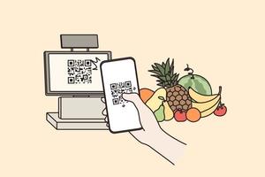 Contactless payment with QR code concept. Human Hand holding smartphone scanning QR code payment in supermarket without money, vector illustration.