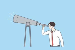 Business concept, monitoring through binoculars concept. Young businessman standing looking to future opportunities vector illustration