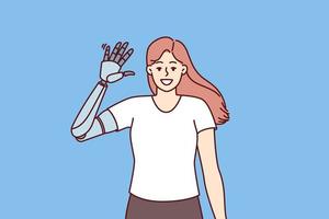 Happy girl waves prosthesis hand to demonstrate new mechanical robotic hand made on basis of innovative technologies. Woman who lost arm in car crash or in accident greets you with new prosthesis vector