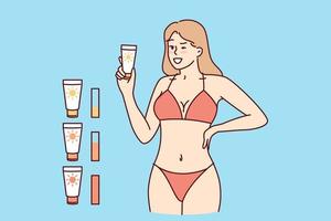 mujer en playa bronceado bikini demuestra contra las quemaduras solares crema. niña recomienda adquisitivo alta calidad bronceado crema ese promueve apariencia de uniforme piel tono cuando visitando solárium vector