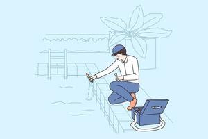 Man with tubes check balance ph level in swimming pool with test stipes. Male worker or employee manage maintain aquarium. Maintenance or cleaning service concept. Flat vector illustration.