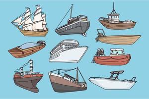 Set of various ships and boats on background. Collection or nautical vessels, yachts and speedboats. Marine activity concept. Cargo and logistics. Sea traveling. Flat vector illustration.