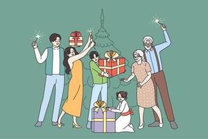 Happy big family with kids celebrate Christmas near fir-tree together. Smiling parents with children and grandparents enjoy New Year winter holidays with gifts and lights. Vector illustration.