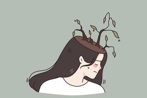 Unhappy young woman with bare desert trees on head suffer from mental psychological problems. Upset stressed girl struggle with depression or despair need help. Healthcare. Vector illustration.