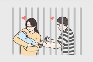 Man in prison have wife and little newborn baby visiting. Woman with infant come to husband criminal. Father in jail for misdemeanor or crime. Family instability. Flat vector illustration.