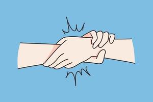 Close up of people hold join hands show strong bond and unity. Persons demonstrate support and help. Friendship and partnership. Togetherness concept. Flat vector illustration, cartoon character.