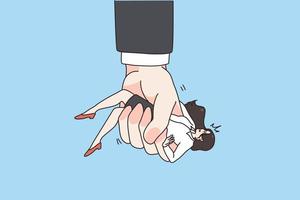 Huge man hand hold scared woman in clenched fist show domination and pressure. Businessman control female employee. Domestic violence and abuse. Job discrimination and bullying. Vector illustration.