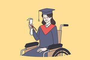 Disabled bachelor, inclusive education concept. Young smiling girl graduate master holding diploma in hand sitting in wheelchair over yellow background vector illustration