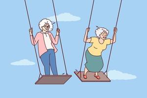 Two elderly women enjoy swinging and enjoying happy old age and not having to go to work. Carefree gray-haired female of retirement age remembers entertainment from youth and does not want to grow old vector