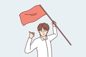 Man with red flag in hand makes victory gesture showing leadership qualities and motivating people. Success guy waving flag during protest showing passionate qualities and wanting to resist injustice vector