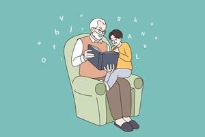 Happy mature grandfather sit in armchair reading book to little grandson enjoy weekend together. Caring granddad relax in chair with small grandchild. Old and young generation. Vector illustration.