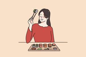 Smiling young woman in modern Japanese restaurant eating sushi with chopsticks. Happy girl enjoy delicious japan food in cafe. International traditional cuisine. Vector illustration.