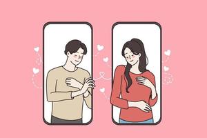 Online communication and quarantine concept. Young couple being isolated on quarantine practicing online social massage for couples from smartphones vector illustration