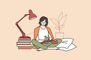 contento milenario niña sentar en cama escribir en cuaderno estudiar distante a hogar. sonriente joven mujer escribir a mano tomar notas aprender con libros. distante educación y Autodesarrollo. plano vector ilustración.