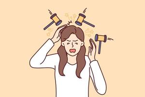 Upset woman experiencing headache standing among hammers symbolizing buzzing in ears or noise from neighbors. girl suffers from headache and needs medicines for migraine and other diseases vector