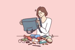 Puzzled woman shakes out contents of bag on table trying to find wallet with money or mobile phone. Girl is embarrassed because of mess in bag causing inconvenience and loss of wallet vector